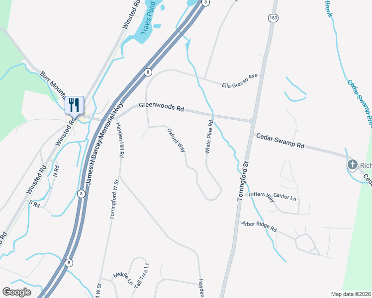 map of restaurants, bars, coffee shops, grocery stores, and more near 145 Oxford Way in Torrington