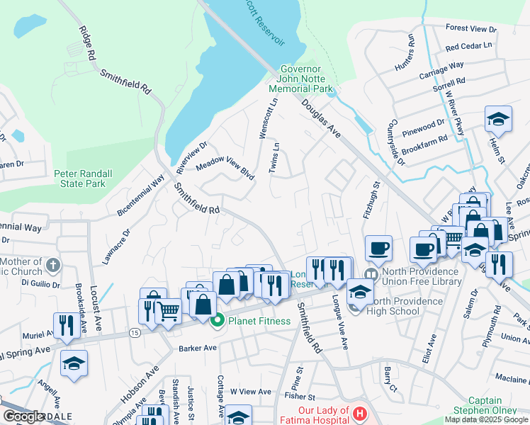 map of restaurants, bars, coffee shops, grocery stores, and more near 569 Smithfield Road in North Providence