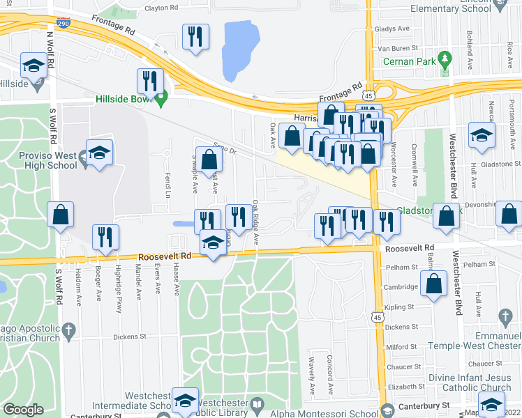 map of restaurants, bars, coffee shops, grocery stores, and more near 301 Oak Ridge Avenue in Hillside
