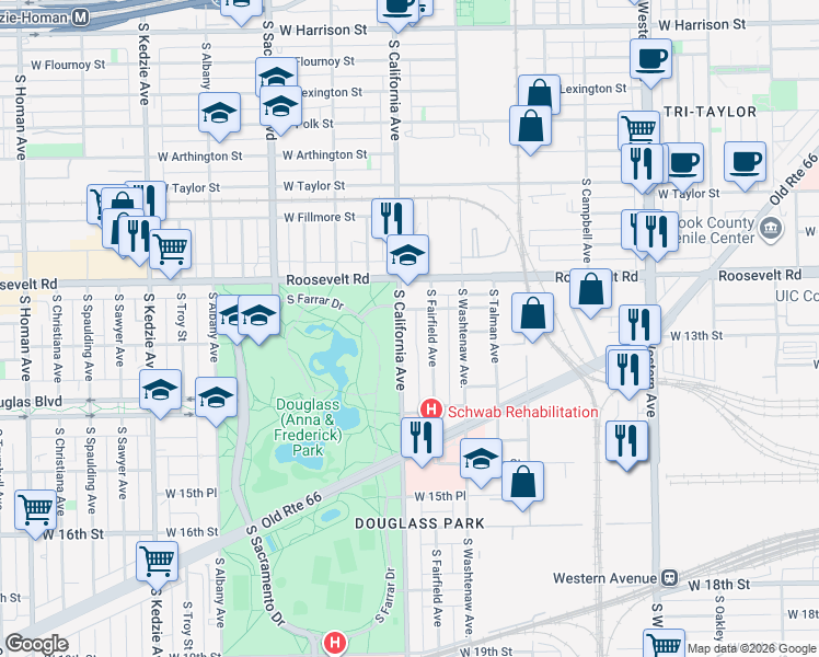map of restaurants, bars, coffee shops, grocery stores, and more near 1245 South California Avenue in Chicago