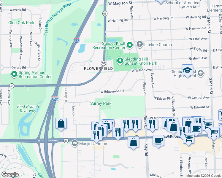 map of restaurants, bars, coffee shops, grocery stores, and more near 550 West Edgewood Road in Lombard