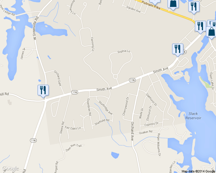 map of restaurants, bars, coffee shops, grocery stores, and more near 91 Smith Ave in Smithfield