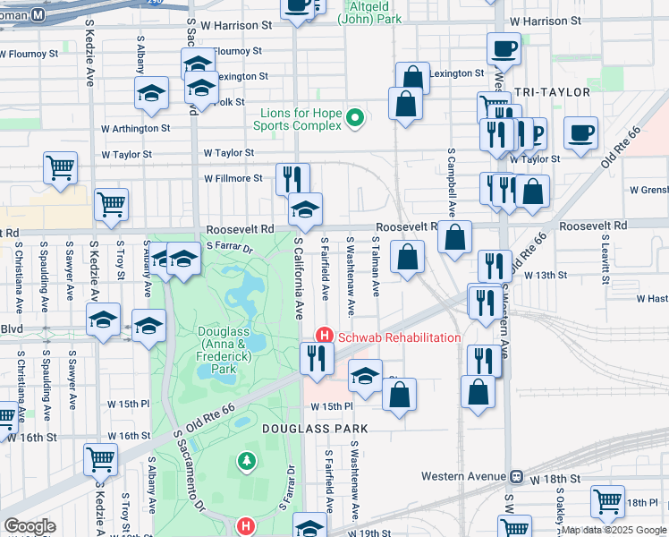 map of restaurants, bars, coffee shops, grocery stores, and more near 1249 South Fairfield Avenue in Chicago