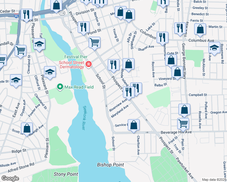 map of restaurants, bars, coffee shops, grocery stores, and more near 54 Talcott Avenue in Pawtucket