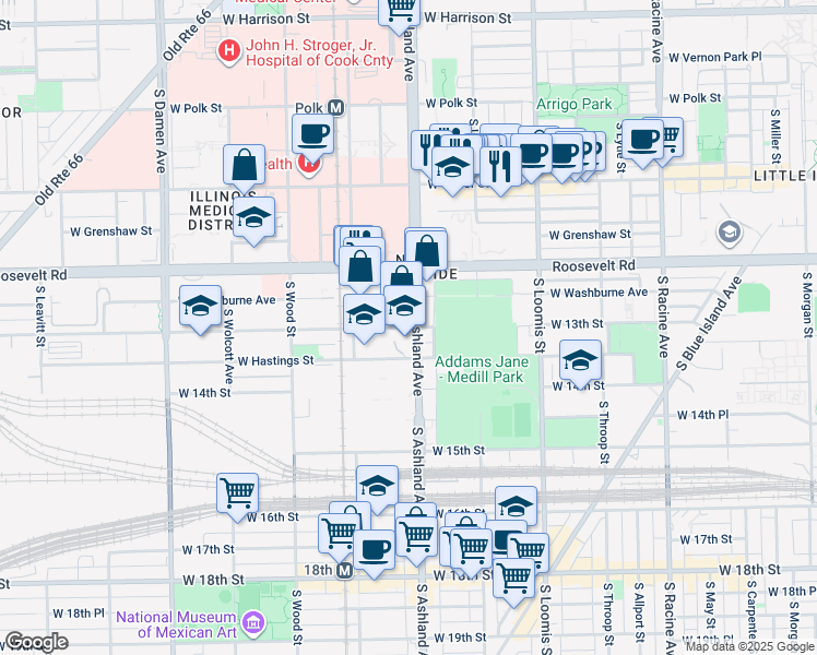 map of restaurants, bars, coffee shops, grocery stores, and more near 1301 South Ashland Avenue in Chicago