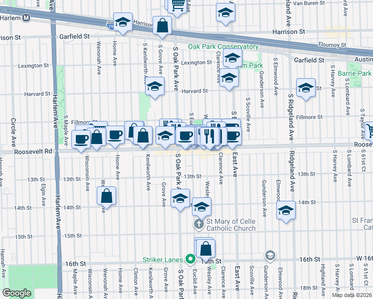 map of restaurants, bars, coffee shops, grocery stores, and more near 6729 Roosevelt Road in Berwyn