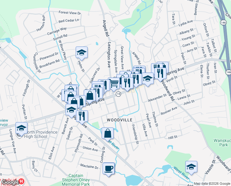 map of restaurants, bars, coffee shops, grocery stores, and more near 1541 Mineral Spring Avenue in North Providence