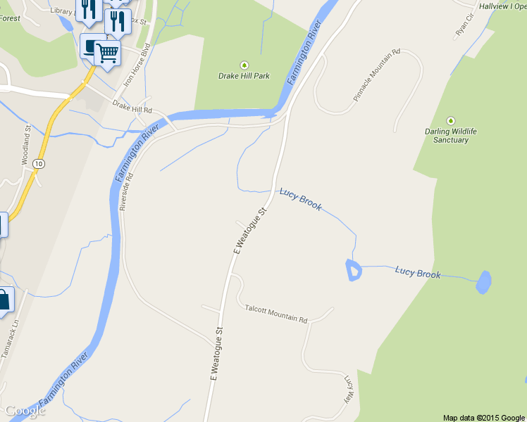 map of restaurants, bars, coffee shops, grocery stores, and more near 120 East Weatogue Street in Simsbury