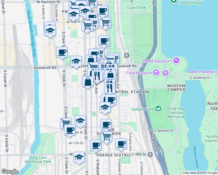 map of restaurants, bars, coffee shops, grocery stores, and more near 1323 South Michigan Avenue in Chicago