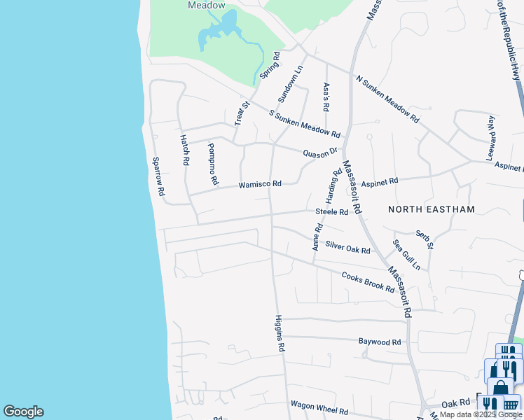 map of restaurants, bars, coffee shops, grocery stores, and more near 340 Steele Road in Eastham