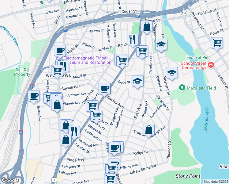 map of restaurants, bars, coffee shops, grocery stores, and more near 36 Kimball Avenue in Pawtucket