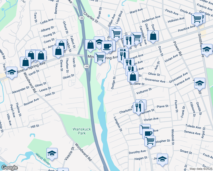 map of restaurants, bars, coffee shops, grocery stores, and more near 17 Dodge Street in North Providence