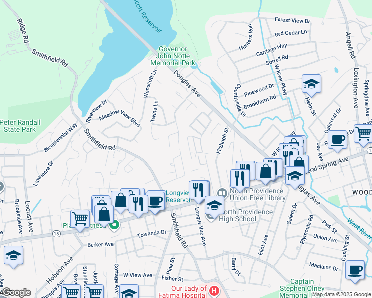 map of restaurants, bars, coffee shops, grocery stores, and more near 22 Primrose Lane in North Providence