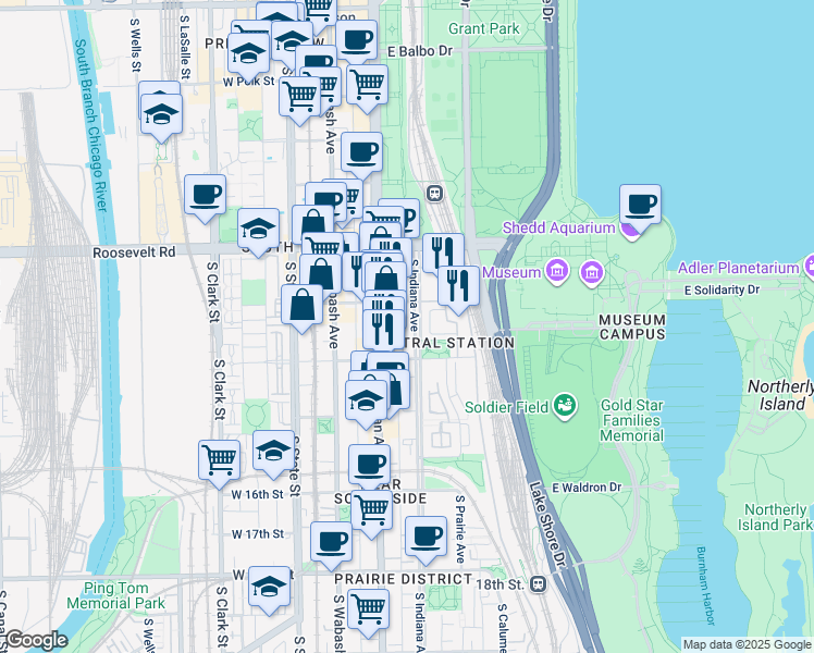 map of restaurants, bars, coffee shops, grocery stores, and more near 1344 South Indiana Parkway in Chicago