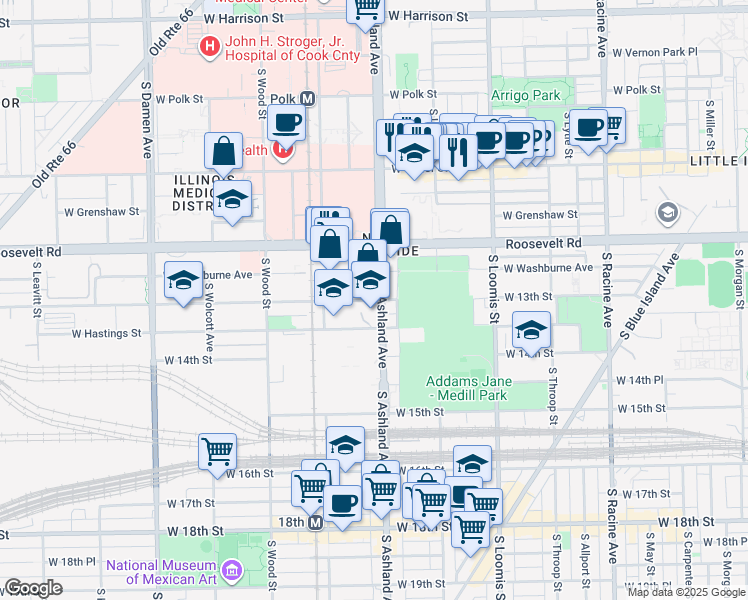 map of restaurants, bars, coffee shops, grocery stores, and more near 1301 South Ashland Avenue in Chicago