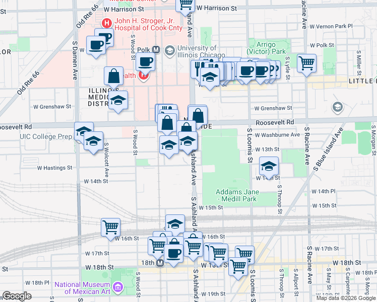 map of restaurants, bars, coffee shops, grocery stores, and more near 1636 West 13th Street in Chicago
