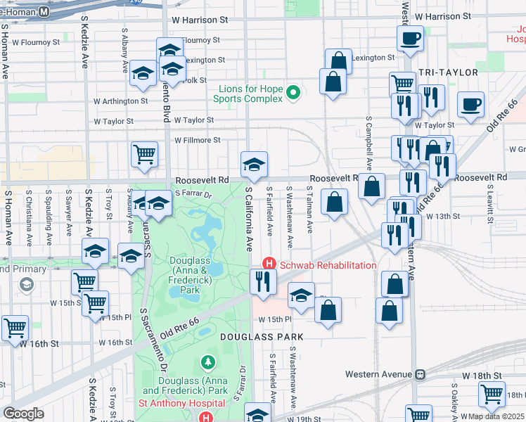 map of restaurants, bars, coffee shops, grocery stores, and more near 1253 South Fairfield Avenue in Chicago