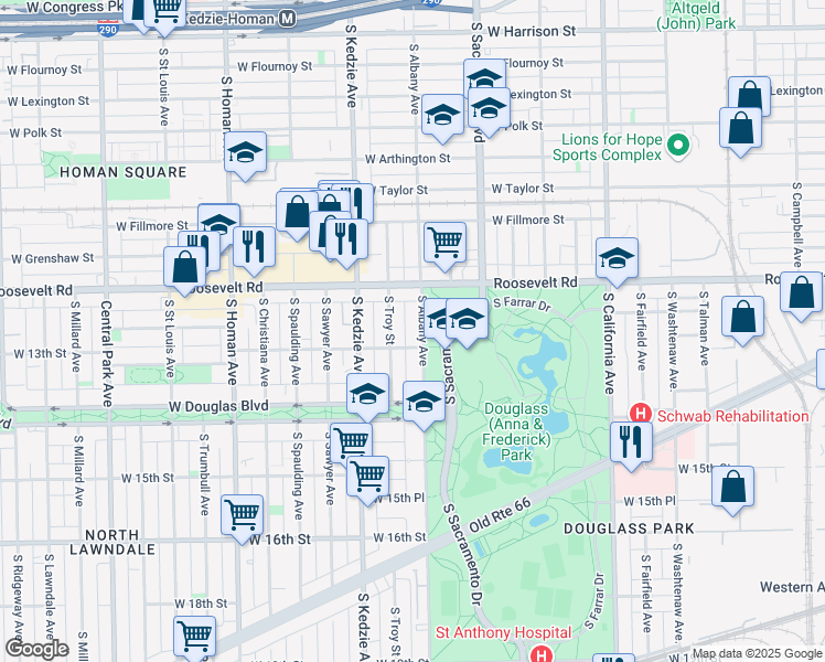 map of restaurants, bars, coffee shops, grocery stores, and more near 1246 South Albany Avenue in Chicago