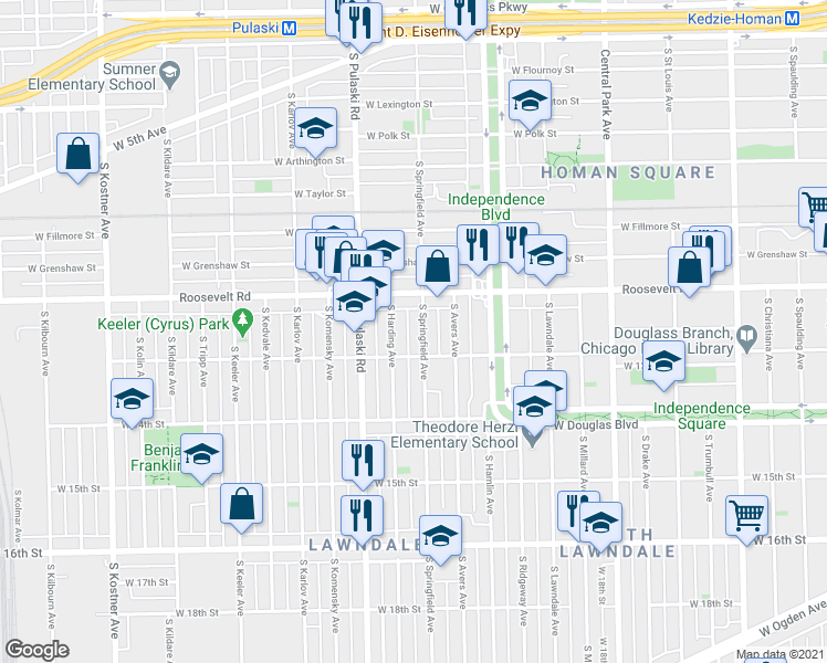 map of restaurants, bars, coffee shops, grocery stores, and more near 1240 South Springfield Avenue in Chicago