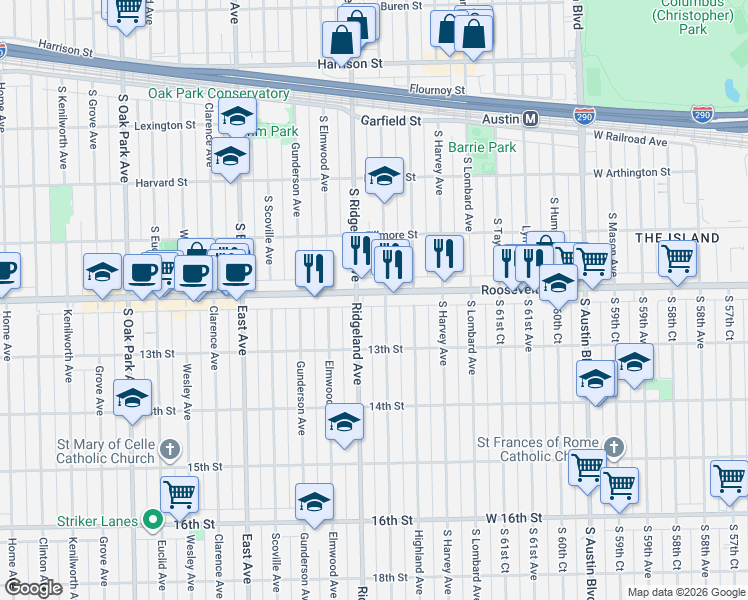 map of restaurants, bars, coffee shops, grocery stores, and more near 1200 Cuyler Avenue in Berwyn