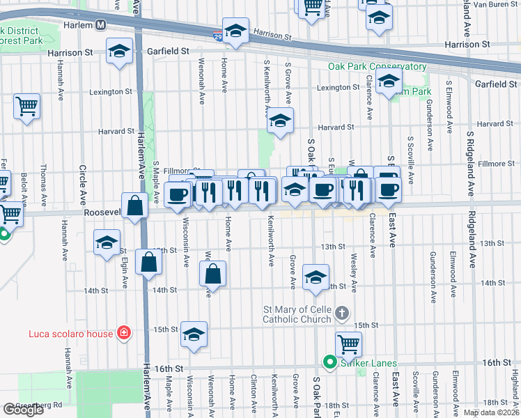 map of restaurants, bars, coffee shops, grocery stores, and more near 6901 Roosevelt Road in Berwyn