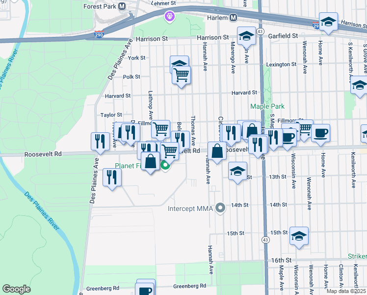 map of restaurants, bars, coffee shops, grocery stores, and more near 7503 Roosevelt Road in Forest Park
