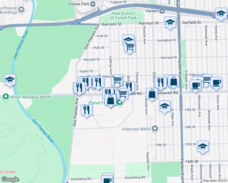 map of restaurants, bars, coffee shops, grocery stores, and more near 7529 Roosevelt Road in Forest Park