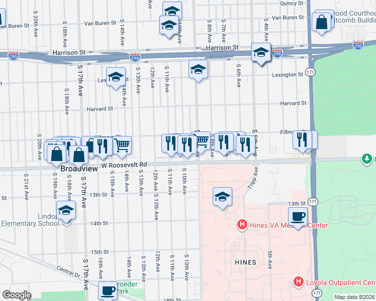 map of restaurants, bars, coffee shops, grocery stores, and more near 2124 South 10th Avenue in Maywood