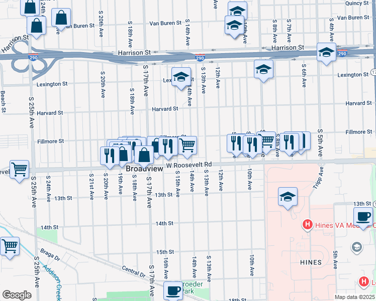 map of restaurants, bars, coffee shops, grocery stores, and more near 2125 14th Avenue in Broadview