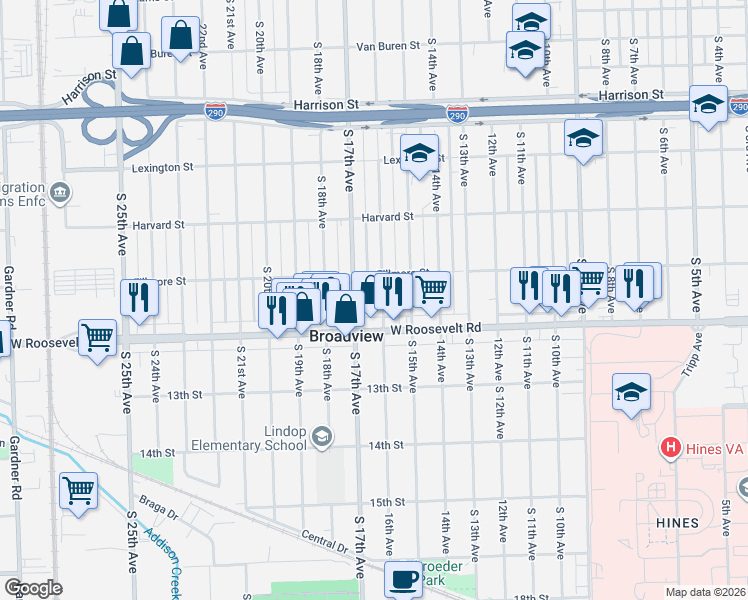 map of restaurants, bars, coffee shops, grocery stores, and more near 2122 16th Avenue in Broadview