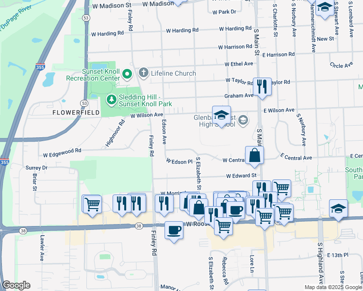 map of restaurants, bars, coffee shops, grocery stores, and more near 334 West Central Avenue in Lombard