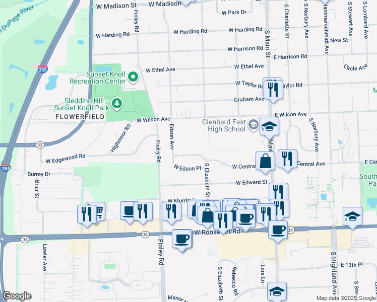 map of restaurants, bars, coffee shops, grocery stores, and more near 334 West Central Avenue in Lombard