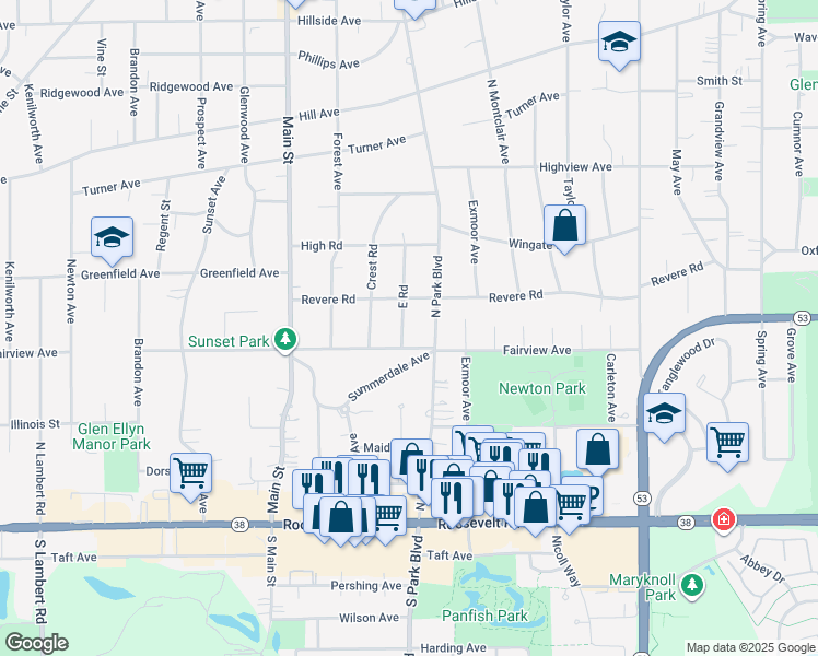 map of restaurants, bars, coffee shops, grocery stores, and more near 151 East Road in Glen Ellyn