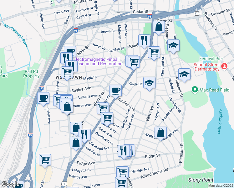 map of restaurants, bars, coffee shops, grocery stores, and more near 377 Pawtucket Ave in Pawtucket