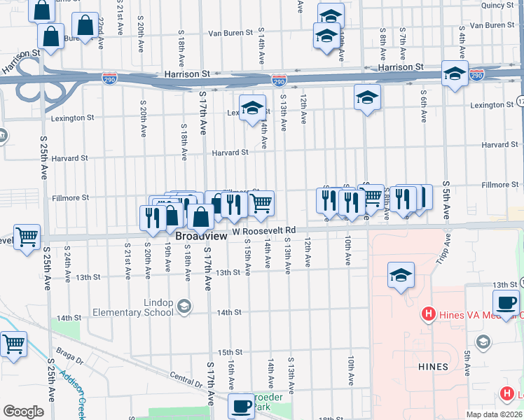 map of restaurants, bars, coffee shops, grocery stores, and more near 2125 14th Avenue in Broadview