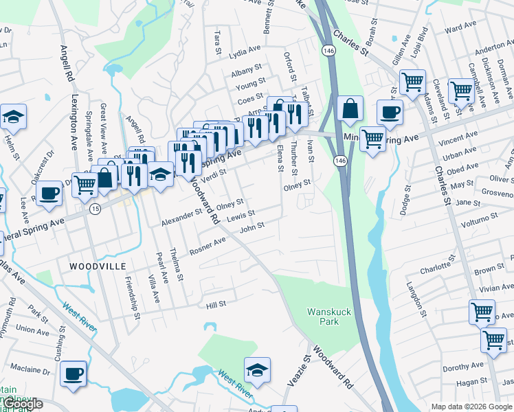 map of restaurants, bars, coffee shops, grocery stores, and more near 32 Lewis Street in North Providence
