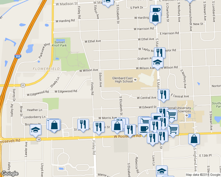 map of restaurants, bars, coffee shops, grocery stores, and more near 334 West Central Avenue in Lombard