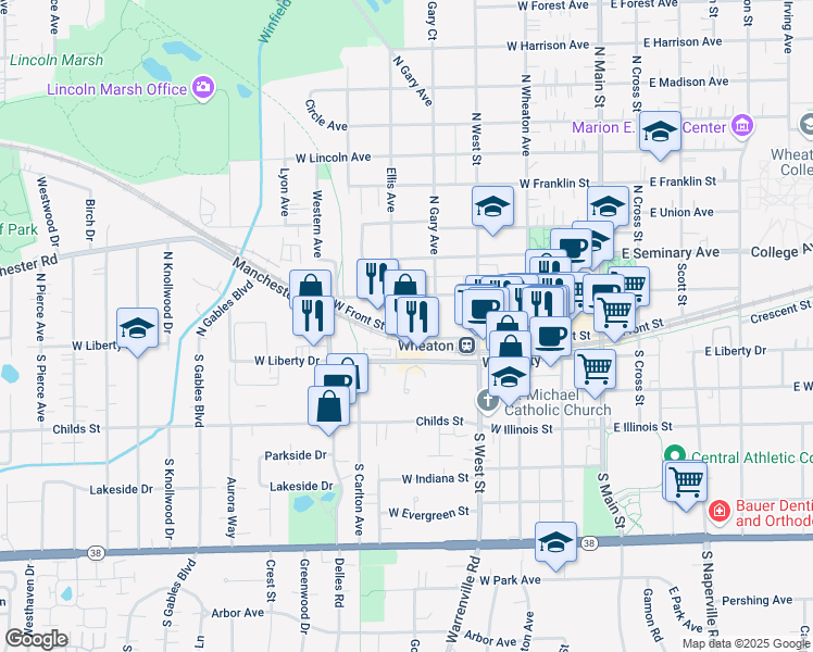map of restaurants, bars, coffee shops, grocery stores, and more near 523 West Front Street in Wheaton