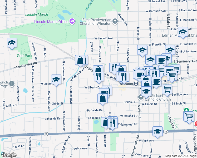 map of restaurants, bars, coffee shops, grocery stores, and more near 100 Bridge Street in Wheaton