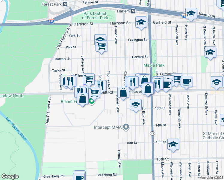 map of restaurants, bars, coffee shops, grocery stores, and more near 7417 Roosevelt Road in Forest Park