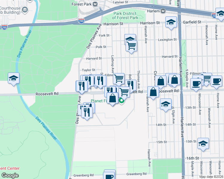 map of restaurants, bars, coffee shops, grocery stores, and more near 1143 Lathrop Avenue in Forest Park
