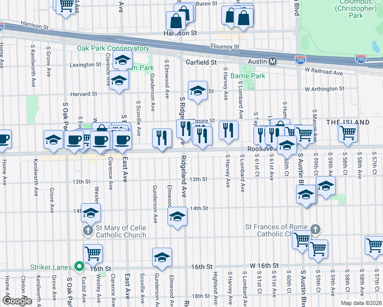 map of restaurants, bars, coffee shops, grocery stores, and more near 6337 Roosevelt Road in Berwyn