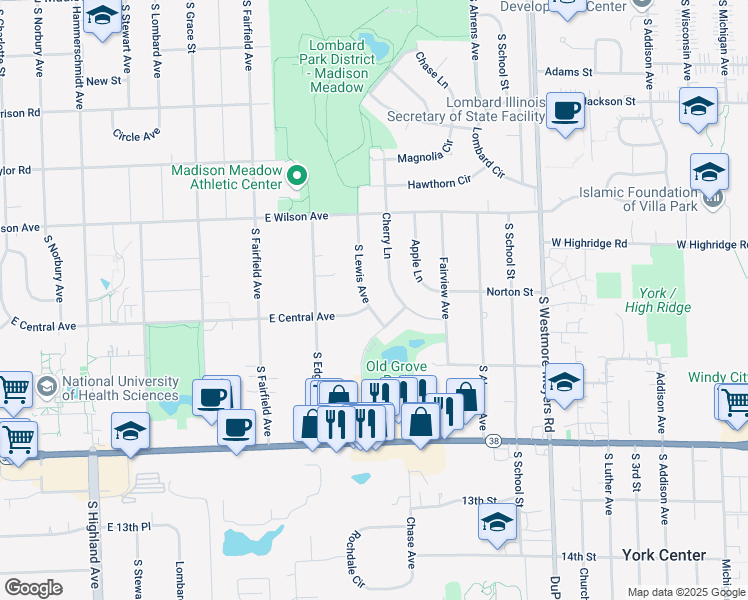 map of restaurants, bars, coffee shops, grocery stores, and more near 1075 South Lewis Avenue in Lombard