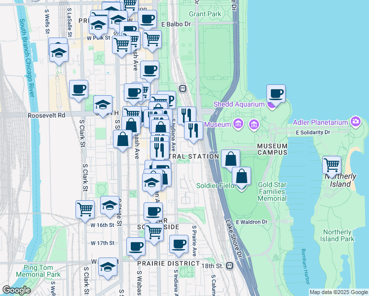 map of restaurants, bars, coffee shops, grocery stores, and more near 1334 South Prairie Avenue in Chicago