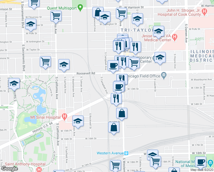 map of restaurants, bars, coffee shops, grocery stores, and more near 1275 South Campbell Avenue in Chicago