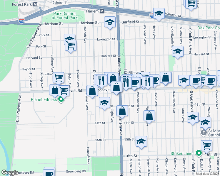 map of restaurants, bars, coffee shops, grocery stores, and more near 7231 Roosevelt Road in Forest Park
