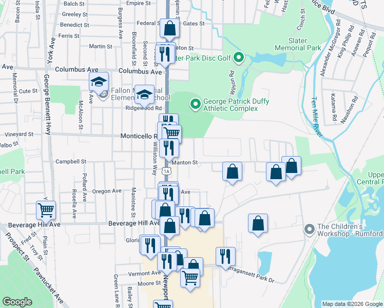 map of restaurants, bars, coffee shops, grocery stores, and more near 15 Camac Street in Pawtucket