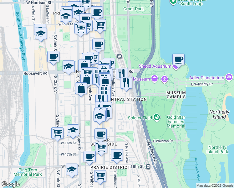map of restaurants, bars, coffee shops, grocery stores, and more near 1323 South Indiana Avenue in Chicago