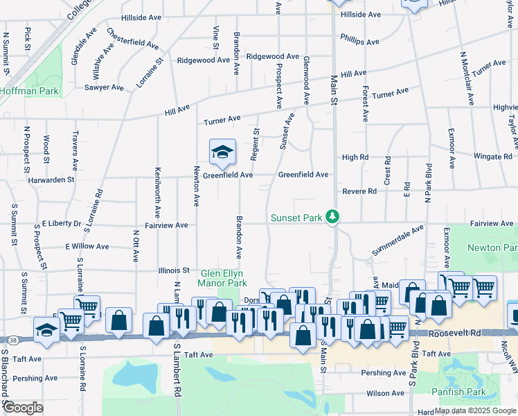 map of restaurants, bars, coffee shops, grocery stores, and more near 156 Sunset Ave in Glen Ellyn