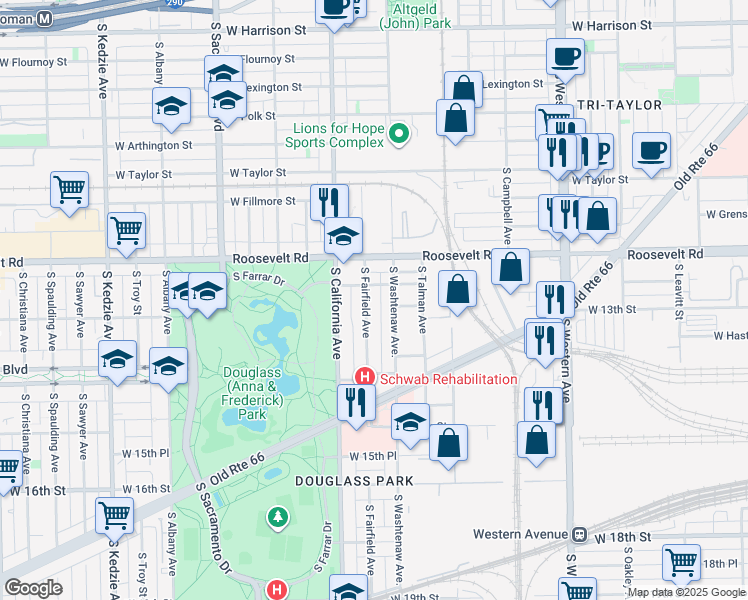 map of restaurants, bars, coffee shops, grocery stores, and more near 1253 South Fairfield Avenue in Chicago